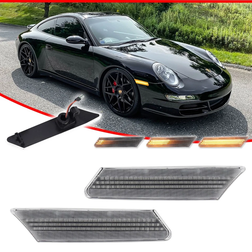 Luces de señalización laterales LED transparentes secuenciales para Porsche 911 997 987 Cayman Boxster Foto 2 de 4