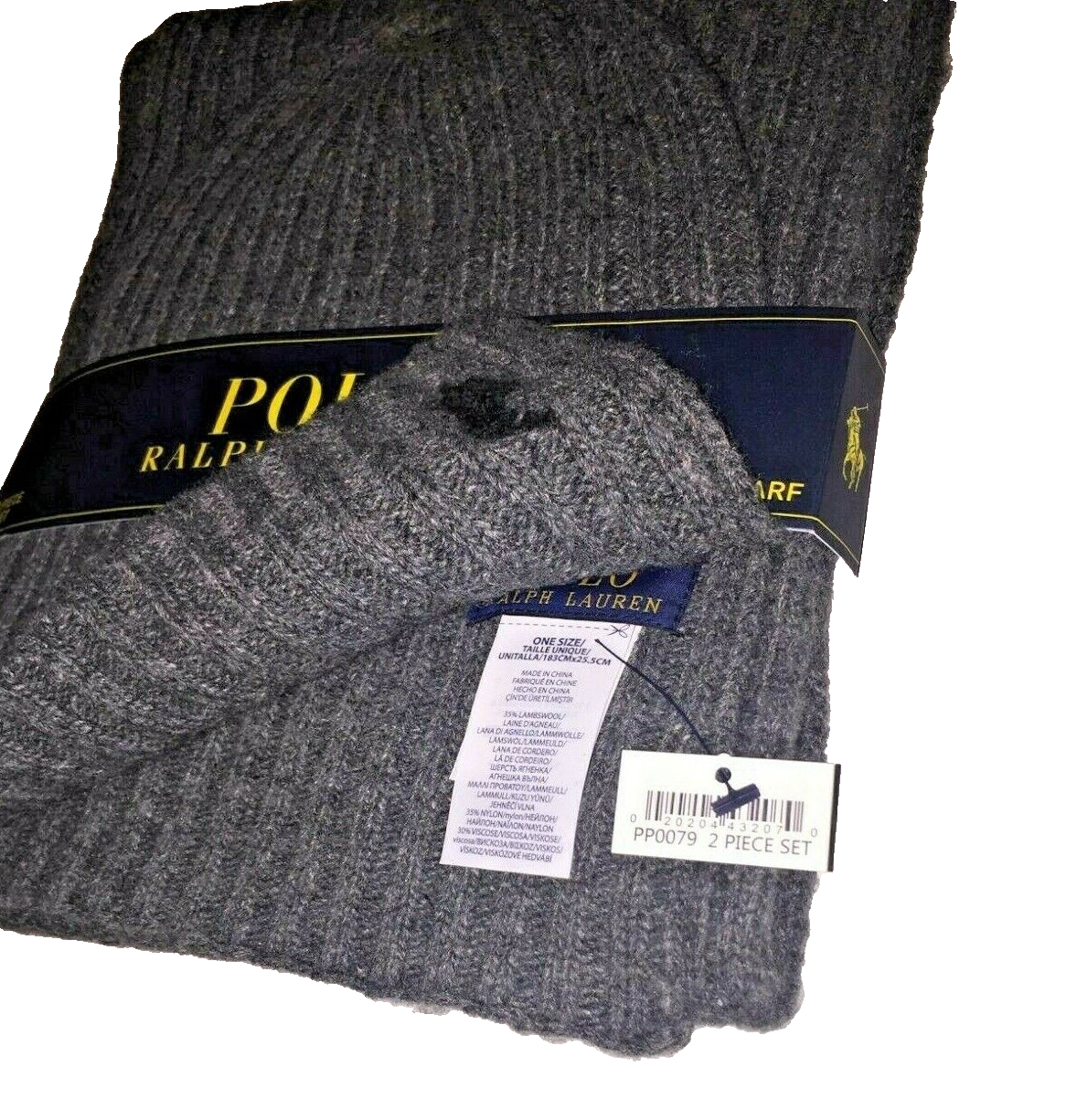 Polo Ralph Lauren set 2 pezzi cappello e sciarpa in lana di agnello a costine grigio nero Big Pony