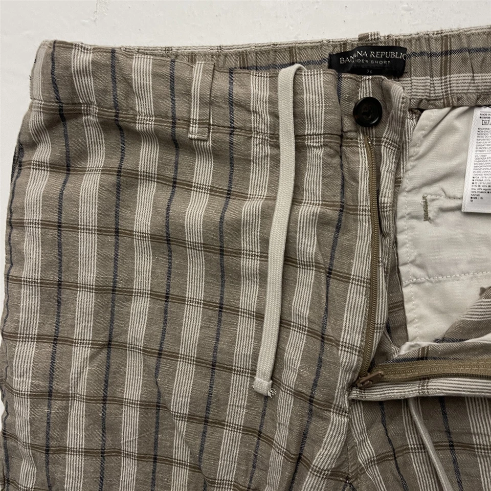 Pantalones Cortos Banana Republic 36 x 9" Aiden Marrón A Cuadros Mezcla de Lino Claro con Cordón Foto 3 de 4