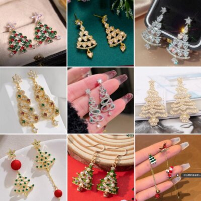 925 Silver Crystal Christmas Tree Stud Earrings Drop Dangle