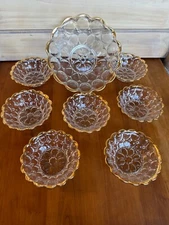 Vintage Depression Glass Fruit Bowls 8pc Set Jeanette Clear Thumbprint Gold Trim