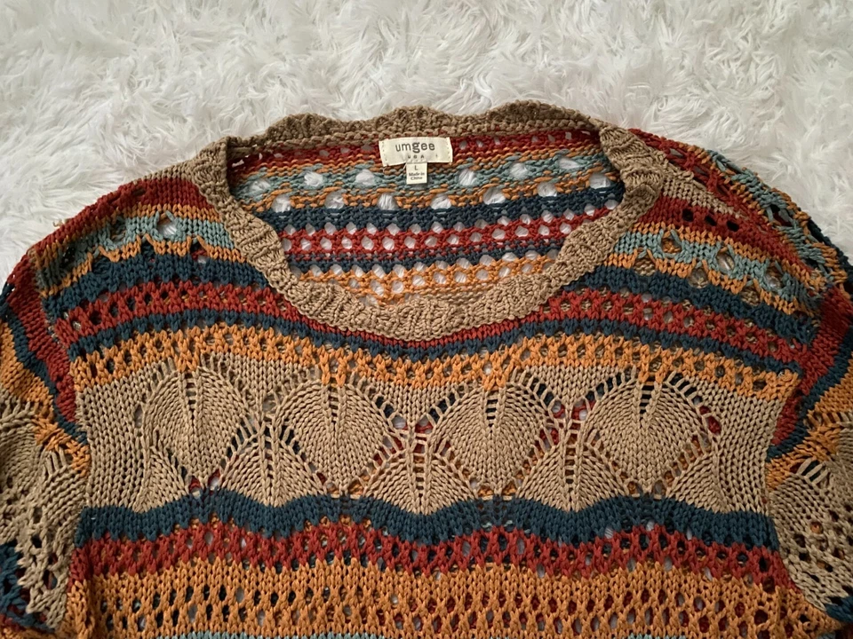 Suéter grande Umgee verde azulado a rayas de ganchillo abierto dobladillo de vieira cuello redondo A6683 Foto 2 de 4