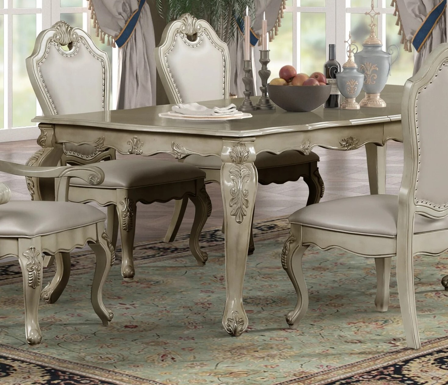 Formal Traditional 7pc Dining Set Extendable Table and Chairs Antique White Wash