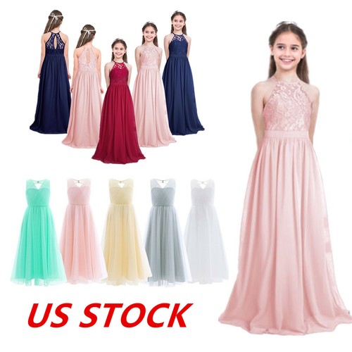 Girls Halter Lace Chiffon Flower Dress Junior Wedding Bridesmaid Maxi Gown - Picture 2 of 91