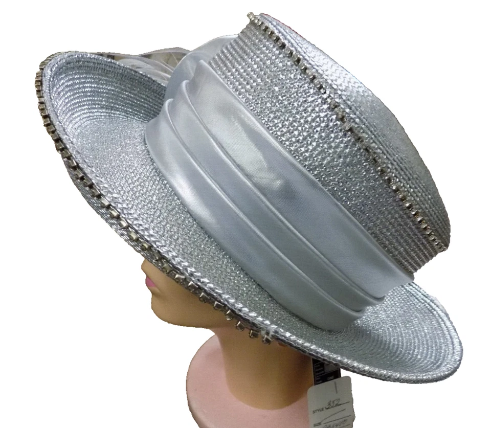 Vestido Derby Portofino by Juliana Plateado Ala Ancha Estrás Satinado Lazo Tejido Sombrero Foto 3 de 4