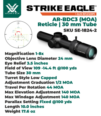 Vortex Optics Strike Eagle 1-8x24 BDC3 MOA Riflescope with Rings