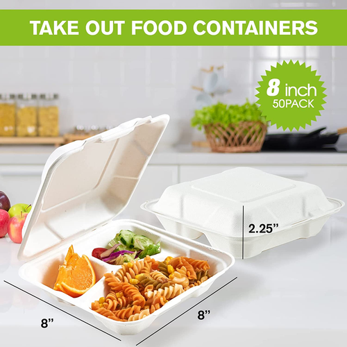 50 Pack Clamshell Take Out Food Containers 100% Compostable Disposable 8X8 - Picture 4 of 12