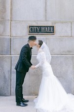 Davids Bridal Mermaid Wedding Dress Off-Shoulder Trumpet Ivory Lace  Sz 4 + Veil