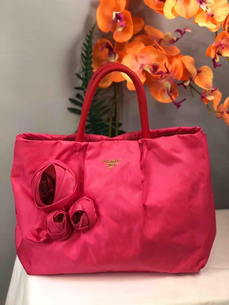 PRADA 3D Rose Punch Pink Satin/ Leather Strap Shoulder Bag PRADA 3D Rose Punch Pink Satin/ Leather Strap Shoulder Bag