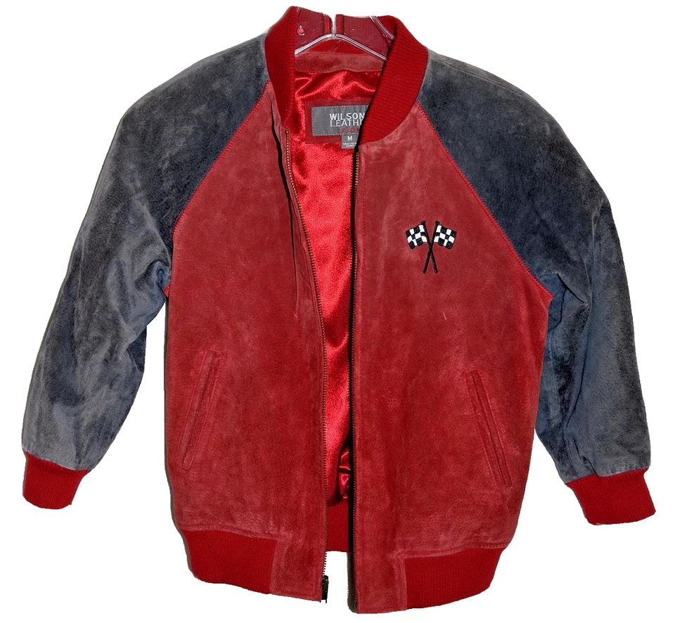 Wilsons Leather Kids Red Gray Suede with Racing Car Applique Jacket Size M - Image 4 of 4