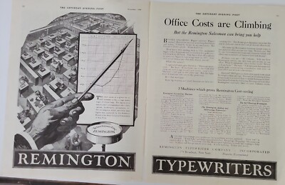 1919 Remington typewriter office costs are climbing vintage two page ad