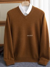 Men Merino Wool Sweater V-Neck Pullover Autumn Winter Cashmere Warm Solid