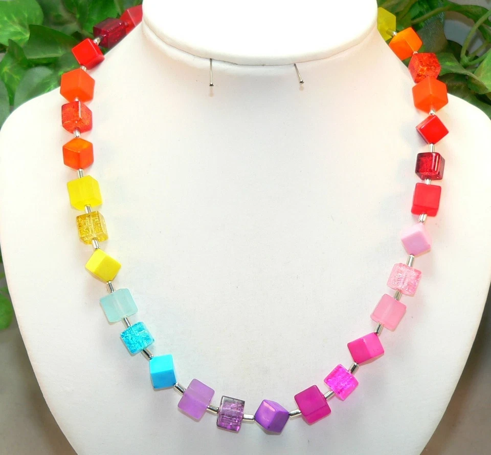 Modeschmuck Kette Halskette Regenbogen bunt multicolor auffaller Materialmix 354 - Bild 2 von 2