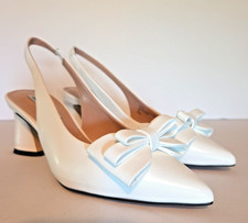 Charles David Astrid White Slingback Pumps Block Heel Pointed Toe Bow Wedding 8M