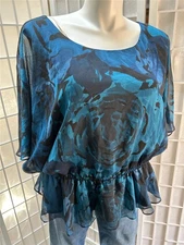 Women's (24) CB Established 1962 Teal Blue Floral Silky Pullover Blouson Blouse