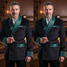 Black Men Smoking Jacket With Belt Dinner Party Prom Host Men Coat Blazers