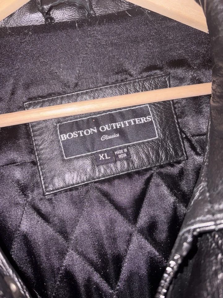 Boston Outfitters Chaqueta Para Hombre XL Negro Cuero Genuino Largo Coche Abrigo Acolchado Foto 3 de 4