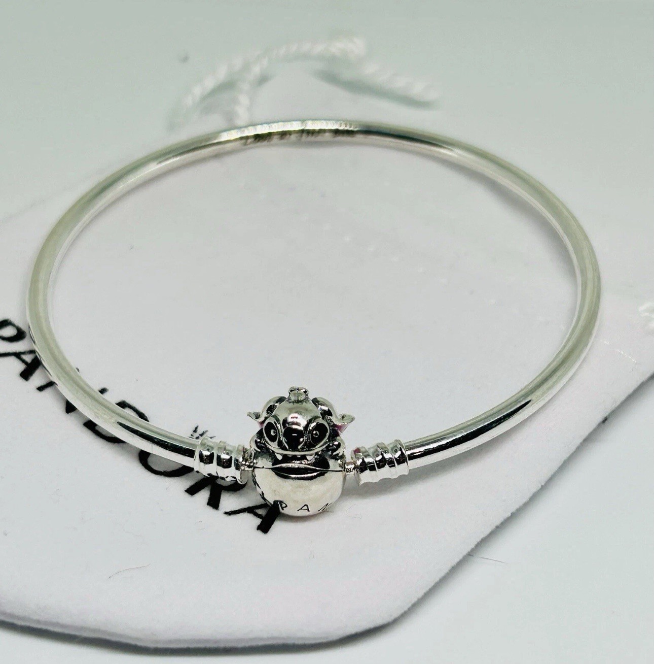 PANDORA 925 Sterling Silver Disney Stitch Biting Charm Bangle Bracelet 19cm