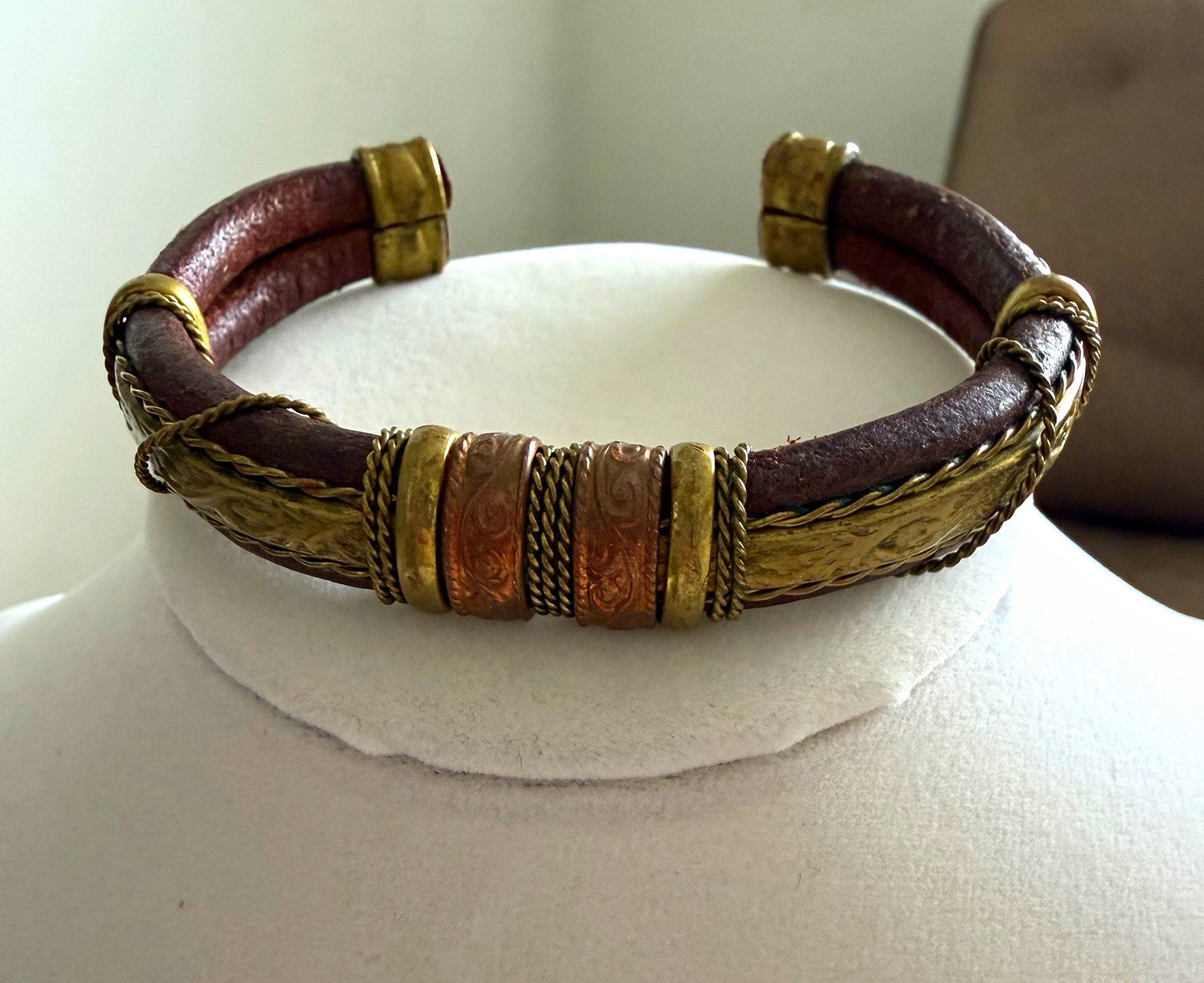 Vintage artisan leather mixed metal cuff bracelet with copper stamped brass wire rope