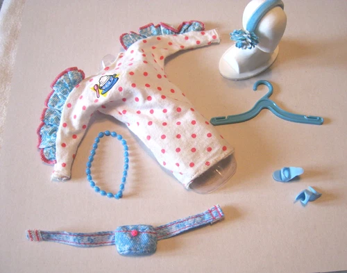 BARBIE FASHION CLOTHES ~ WHITE+PINK PRINT w/JEAN RUFFLE OUTFIT w/ACCESSORIES SET