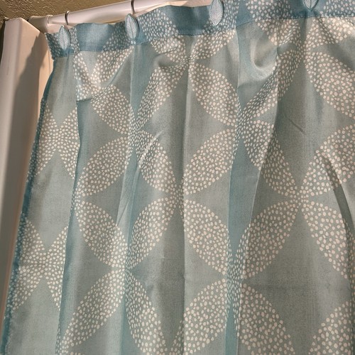 Light Blue And White Geometric Cloth Shower Curtain With Matching Leaf Rings