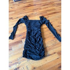 ASTR The Label Black Ruched Mesh Bow Square Neck  Long Sleeve Mini Dress XS