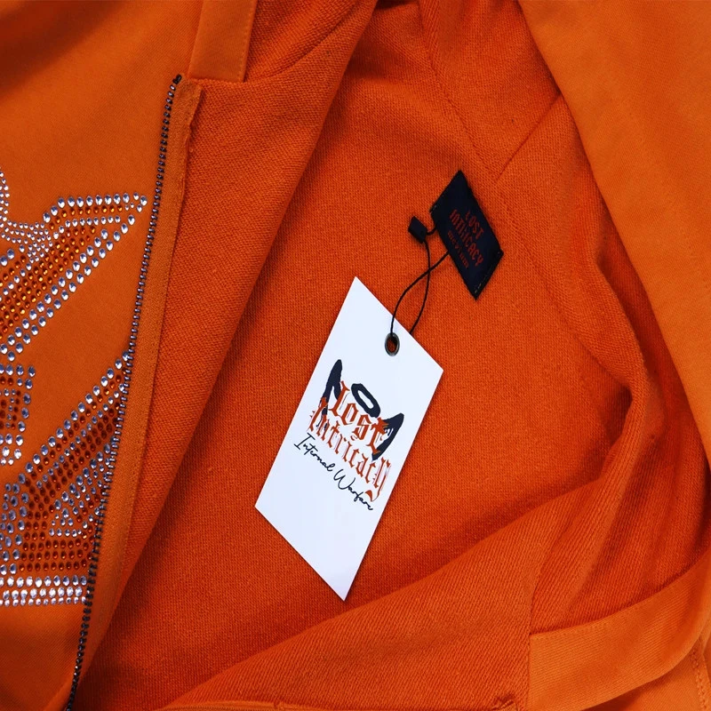 Lost Intricacy Naranja Estrás Cremallera Sudadera con Capucha Pantalones Deportivos Para Hombre Ropa de Calle Conjuntos Foto 4 de 4