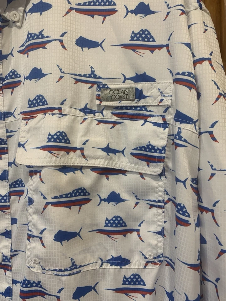 Ocean Coast Mens 2XL Fishing Shirt Vented Short Sleeve Red/white/blue Fish Print - Image 3 of 4