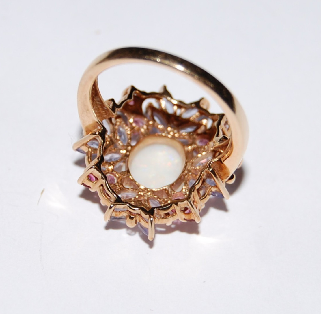 10K Gold Ring Fire Opal Tanzanite Ruby Floral Clu… - image 3