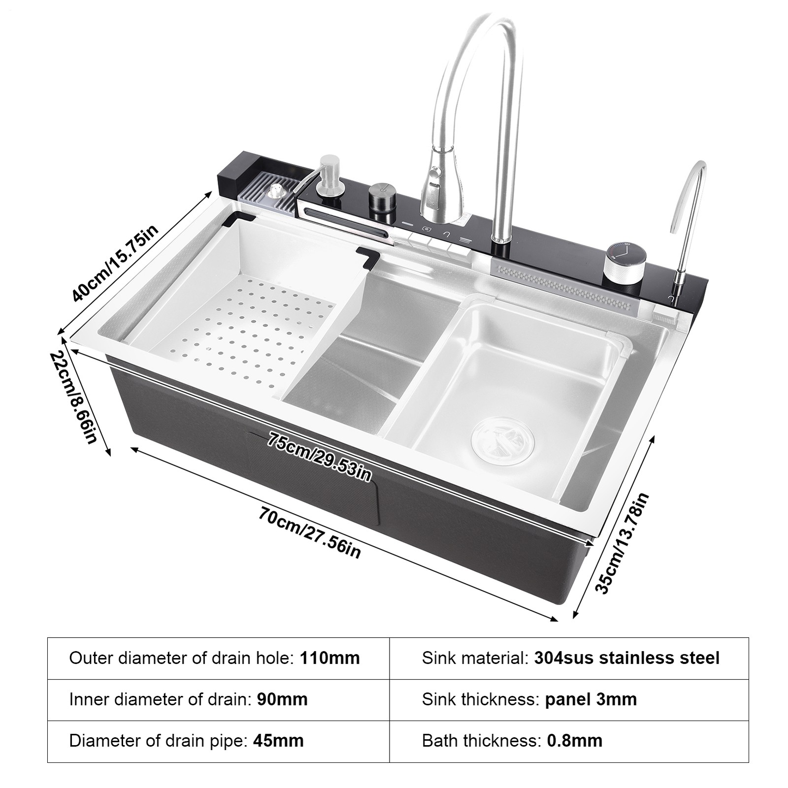 Stainless Steel Single Slot Digital Kitchen Sink Faucet Flying Rain Waterfall