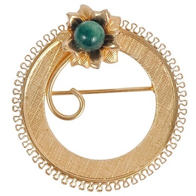 VTG Signed A&Z Brooch Gold Filled Green Jade Gemstone Circle Floral Mid Century