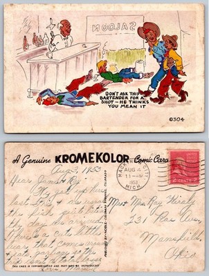 Kromekolor Comic Bar Scene Humor Postcard