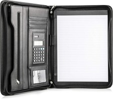 Black Leather Business Portfolio with Zipper  Padfolio - 10.1 Inch Tablet Sleeve