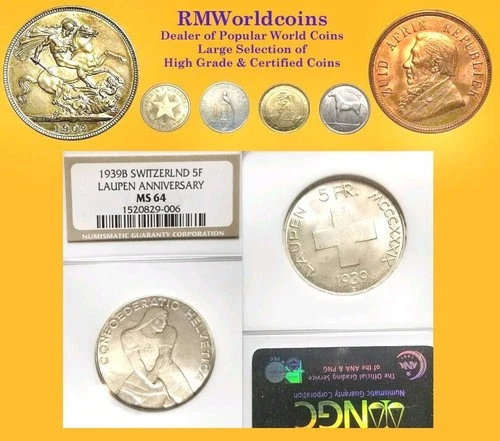 Switzerland 1939 5 FR, Gem BU, NGC64 PQ Sharp Detail, Luster. Rare Key Date