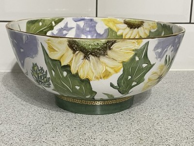 GROSSE 25,5cm HANDBEMALTE SALAT-/OBSTSCHALE IM SONNENBLUMEN-DESIGN SIGNIERT VON J WALLIS