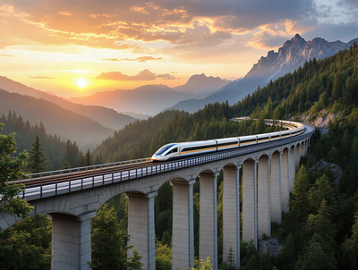 High-Speed Train Traverses Viaduct through Valley at Sunset Poster Print