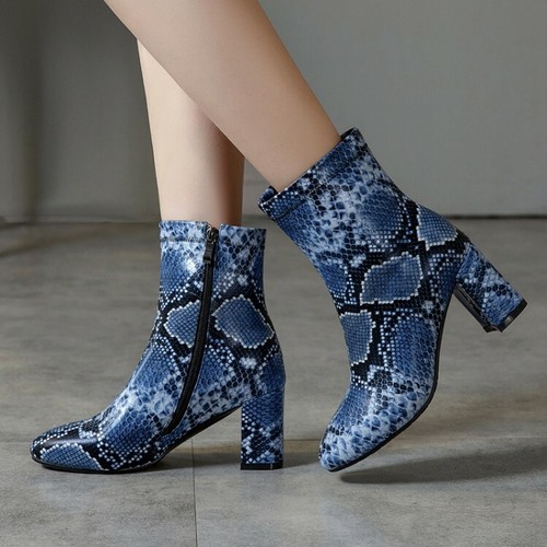 Women's Winter Snake Pattern Mid Tube Ankle Boots Thick Block Back Zipper Boots
