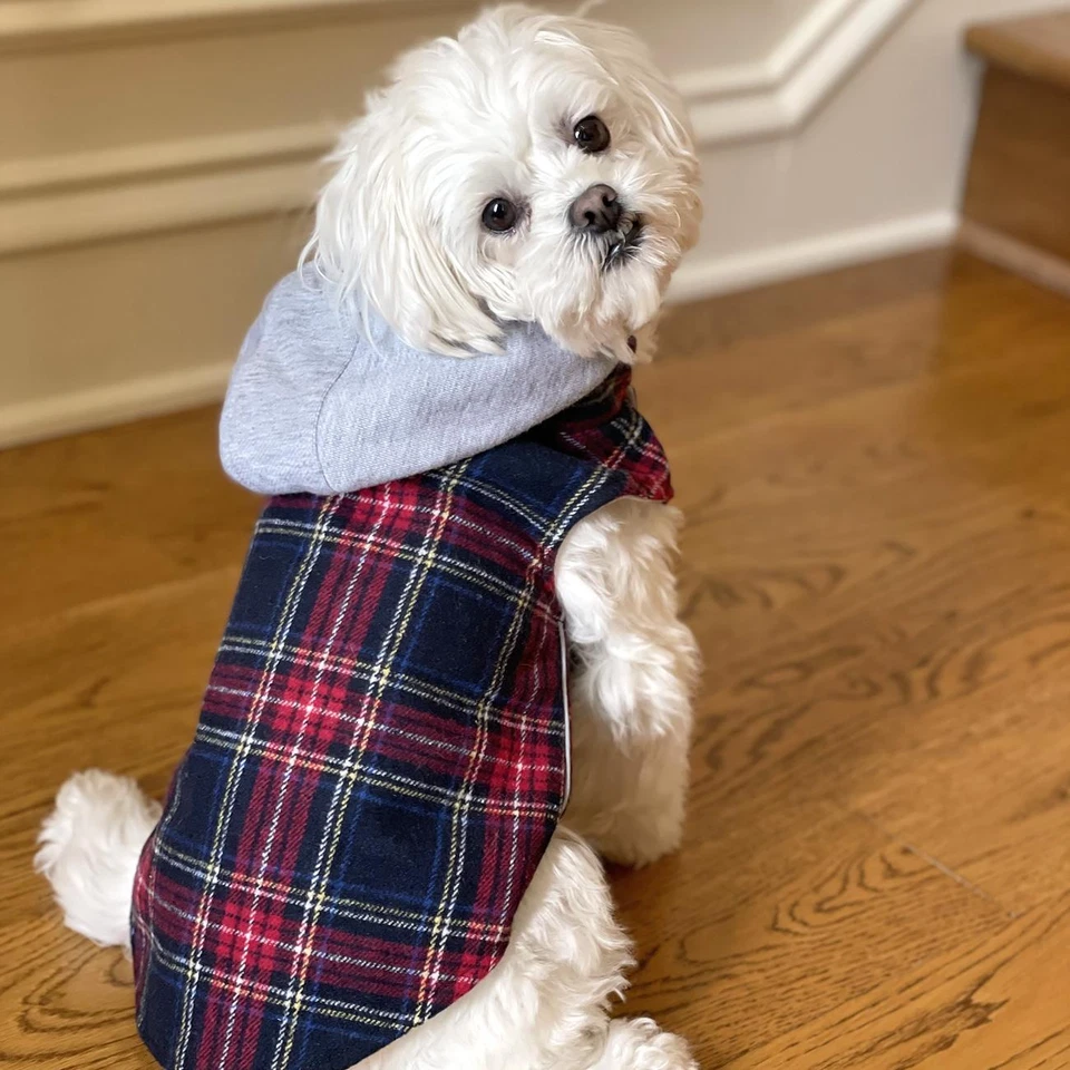 Cozy Plaid Flannel Dog Sweatshirt Hoodie w/ Zip-Off Hood Red & Black Plaid - Image 3 of 4