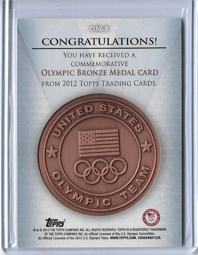 RARE 2012 TOPPS OLYMPIC COMMEMORATIVE BRONZE MEDAL CARD #OM-B ~ 1 IN 1600 PACKS - Picture 2 of 2