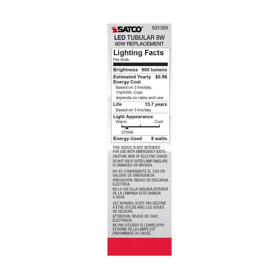 Satco S21350 - 8 Watt LED T10 Clear LED Bulbs - 2700K - 120 Volt (6 pack) - Image 4 of 4