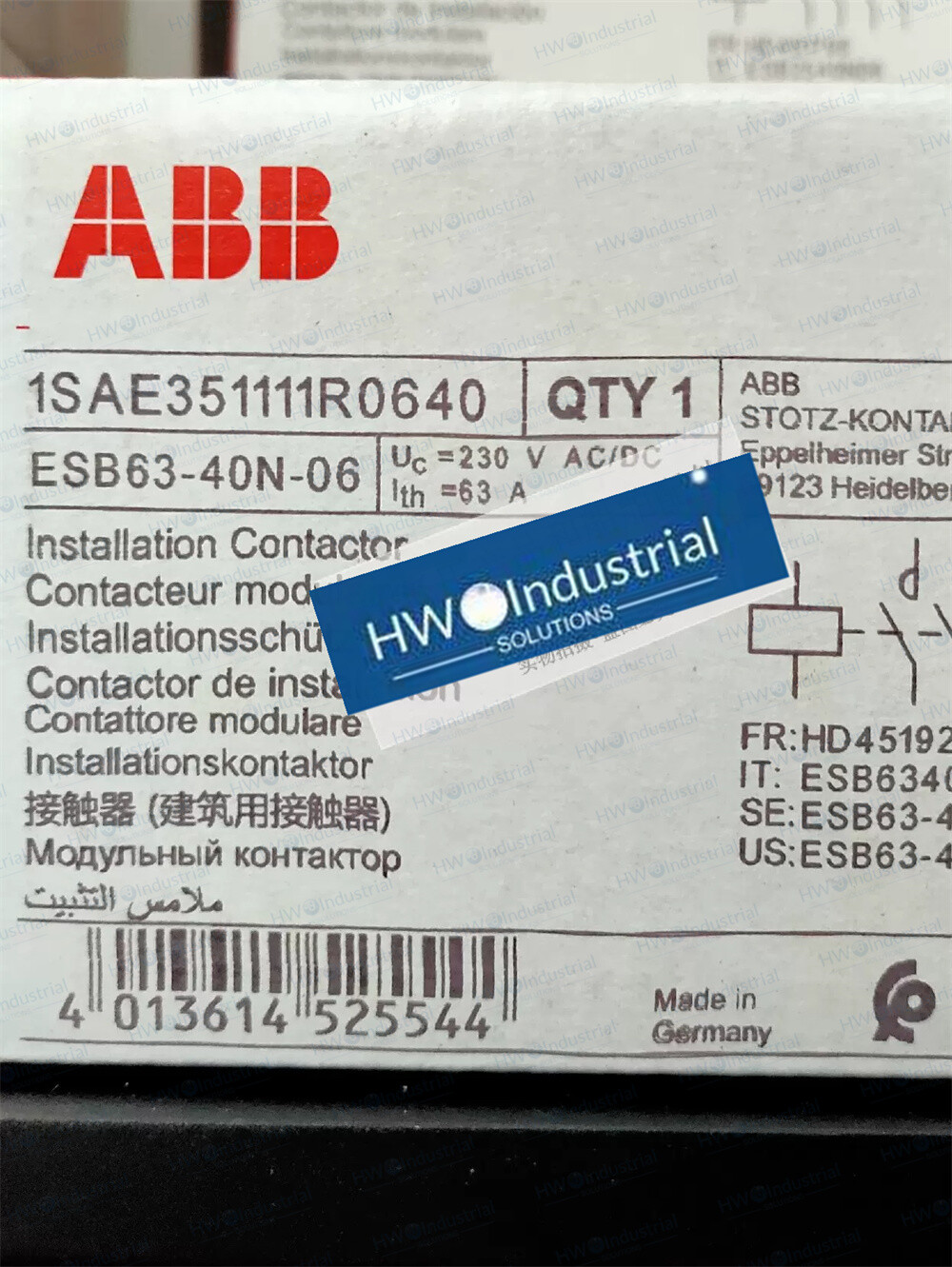 1/Piece   Building Specific Contactor 63A Coil Voltage 230VAC ESB63-40N-06