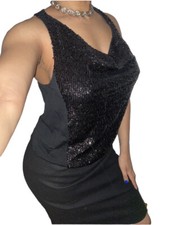 Tory Burch Y2K Black Sequin Cowl Draped Neck Wool Sweater Tunic Party Dress Sz S