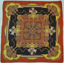 SCARF VINTAGE AUTHENTIC BAROQUE ART TASSELS BROWN YELLOW SILK 35" SQUARE