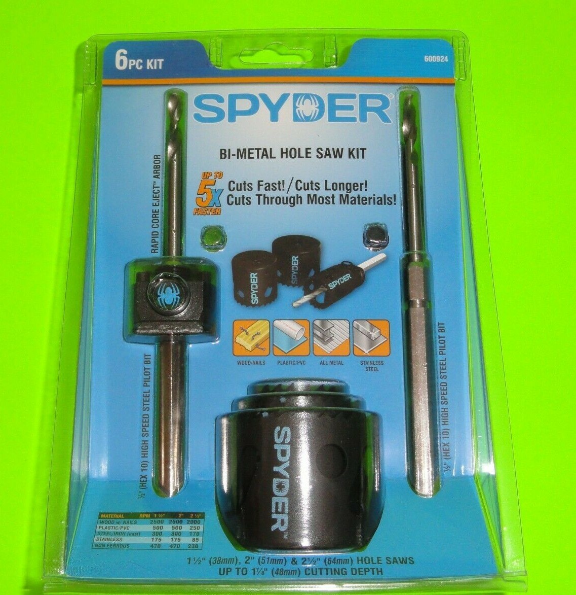 1) PC SPYDER Bi-Metal Hole Saw Kit Cuts Up to 5x Faster Cuts