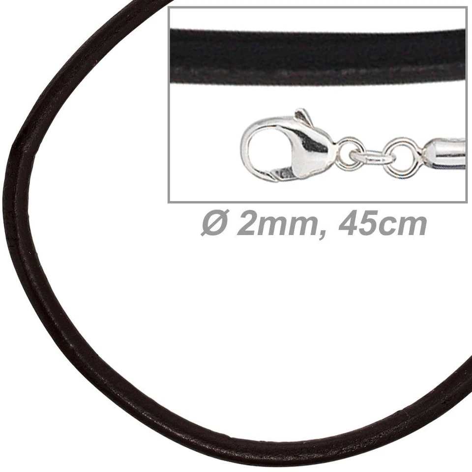 Collana In Pelle Di 2Mm, Nera, Con Moschettone In Argento 925, Unisex, 45Cm - Immagine 2 di 4