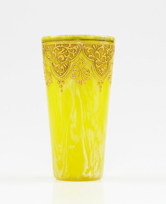 Moser Trinkglas Becher gelb weiß Goldmalerei marmoriert Reliefgold um 1890