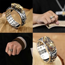 US 2Pc Silver Feng Shui Pixiu Adjustable Ring MANI Mantra Protection Wealth