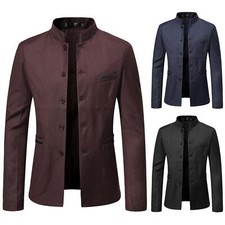 Men's Stand Collar Dress Blazer Slim Fit Jacket Retro Coat Ethnic Long Sleeve OL