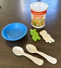 1980's Fisher-Price Fun With Food, Alphabet soup can, spoons, And Bowl