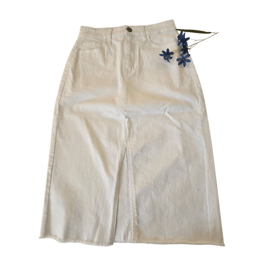 NWOT So Womens Front Slit Frayed Hem High Rise Midi Denim Skirt White Size 7/28W